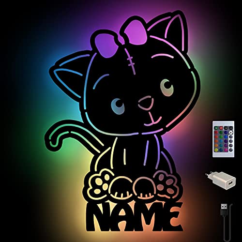 Katze Farbwechsel Wand-Lampe Nachtlicht Baby-Geschenke mit Namen Schlummerlicht Holz Deko für Kinder I USB + Fernbedienung von Namofactur