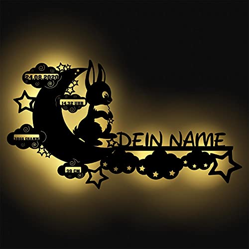 Namofactur Hase auf Mond Schlummerlicht I Personalisiertes Babygeschenk zur Geburt und Taufe - LED Hintergrund-Beleuchtung I Batteriebetrieben von Namofactur
