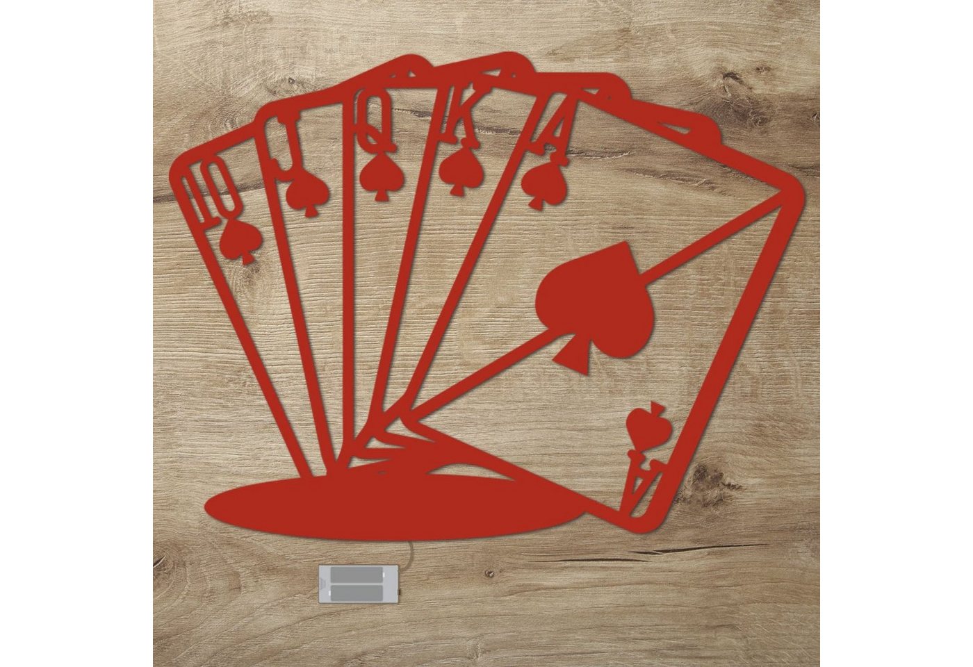 Namofactur LED Dekolicht Poker Karten - Dekoobjekt aus Holz mit Pokerkarten Royal Flush Motiv, Ohne Zugschalter/Stern, LED fest integriert, Warmweiß, Wanddekoobjekt, Wohnzimmer Leuchte, batteriebetrieben von Namofactur