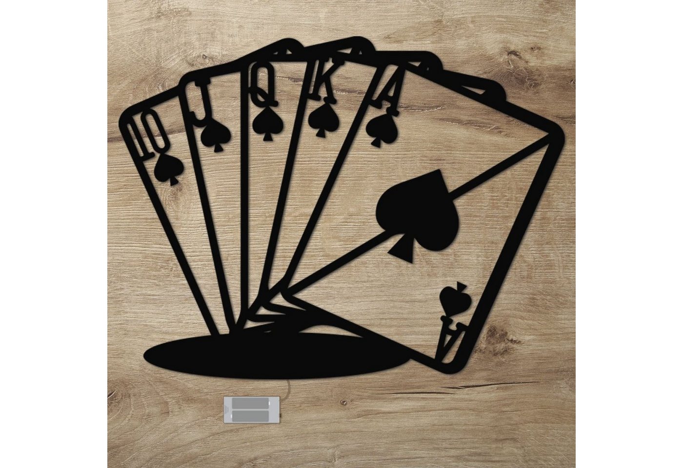 Namofactur LED Dekolicht Poker Karten - Dekoobjekt aus Holz mit Pokerkarten Royal Flush Motiv, Ohne Zugschalter/Stern, LED fest integriert, Warmweiß, Wanddekoobjekt, Wohnzimmer Leuchte, batteriebetrieben von Namofactur