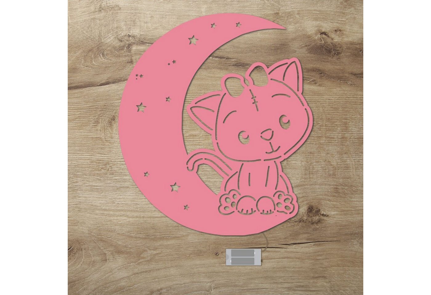 Namofactur LED Dekolicht Wandlampe Mond Katze Holz Wand Deko Lampe Nachtlicht I Kinderzimmer, Ohne Zugschalter/Stern, LED fest integriert, Warmweiß von Namofactur