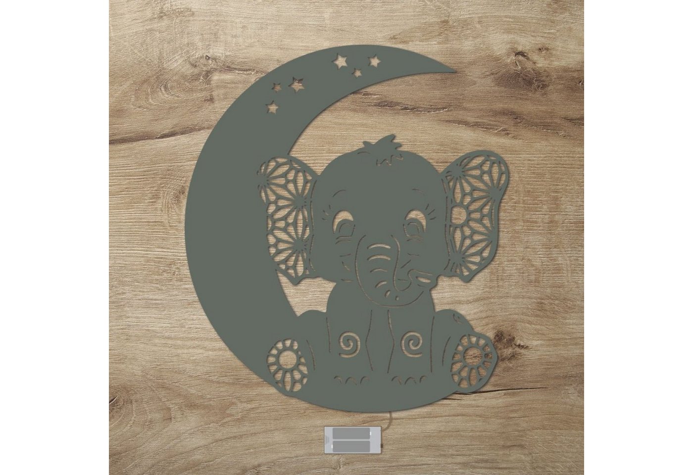 Namofactur LED Nachtlicht Elefant auf Mond - Schlaflicht mit Elefanten Motiv für Kleinkinder, Ohne Zugschalter, LED fest integriert, Warmweiß, Wanddekoobjekt Kinderzimmer Leuchte batteriebetrieben von Namofactur