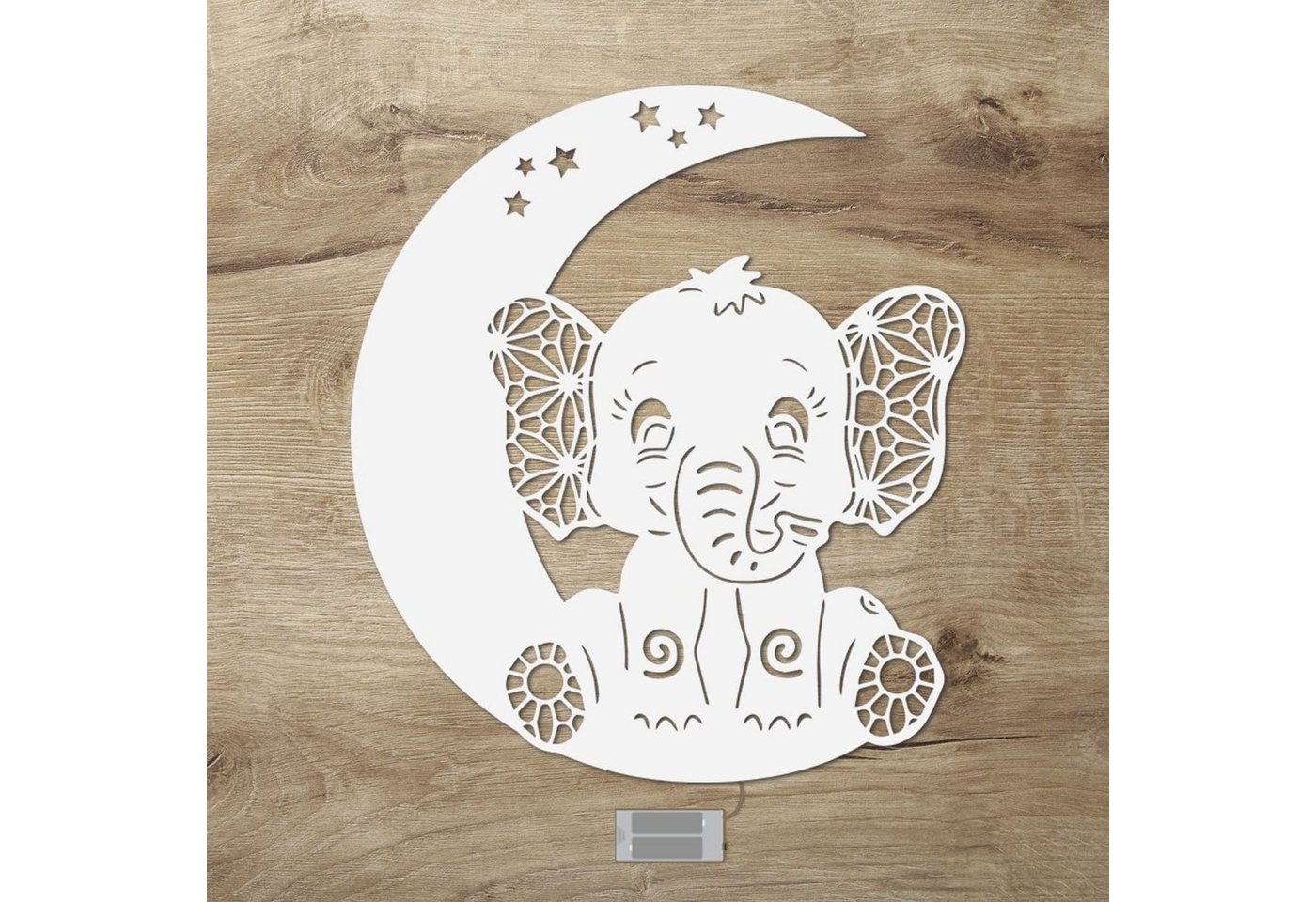 Namofactur LED Nachtlicht Elefant auf Mond - Schlaflicht mit Elefanten Motiv für Kleinkinder, Ohne Zugschalter, LED fest integriert, Warmweiß, Wanddekoobjekt Kinderzimmer Leuchte batteriebetrieben von Namofactur