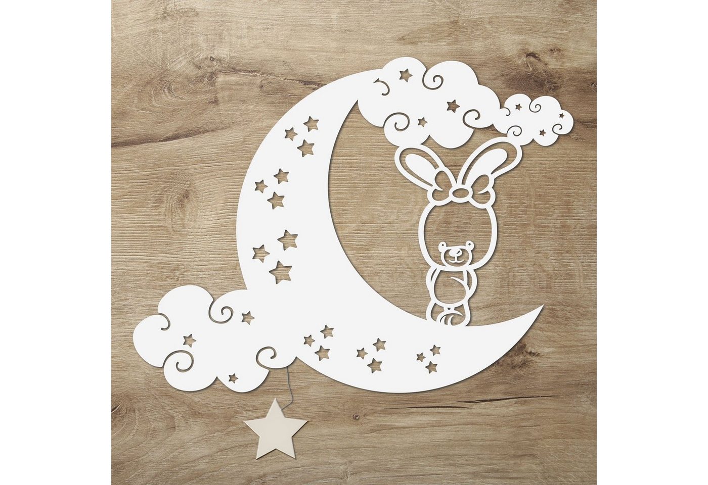 Namofactur LED Nachtlicht Hase auf Mond Nachtlicht Holz Wandlampe für Kinder I Kinderzimmer, Mit Sternabdeckung, LED fest integriert, Warmweiß von Namofactur