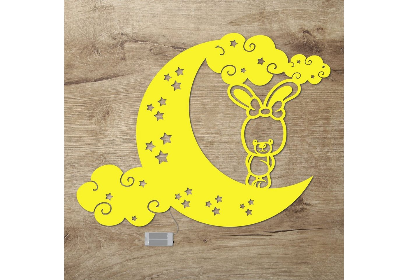 Namofactur LED Nachtlicht Hase auf Mond Nachtlicht Holz Wandlampe für Kinder I Kinderzimmer, Ohne Zugschalter/Stern, LED fest integriert, Warmweiß von Namofactur