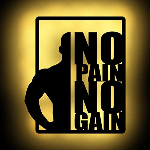 Namofactur Led No Pain No Gain Deko Wandlampe Wandbild Fitness - Holz Geschenkideen Wohnung Familie Zimmer Bodybuilder - Batteriebetrieb & Farbauswahl von Namofactur