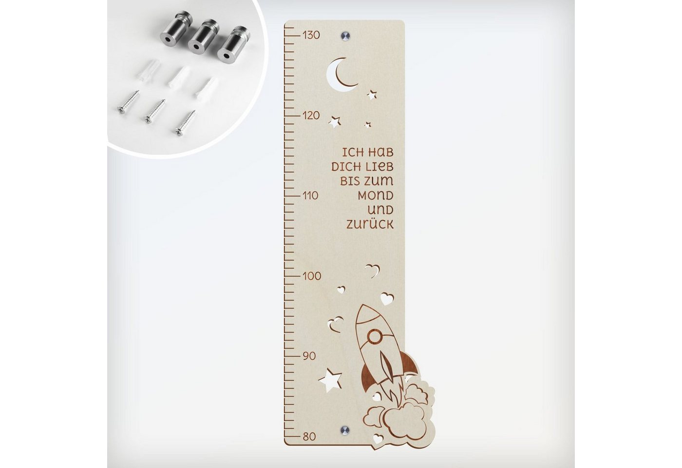 Namofactur Messlatte Kinder Holz Messlatte „Ich hab dich lieb bis zum Mond..” Junge Mädchen, Skala von 80-130 cm, Inkl. Edelstahl Wandhalterung Set Namofactur Messlatte Kinder Holz Messlatte „Ich hab dich lieb bis zum Mond..” Junge Mädchen, Skala von 80-130 cm, Inkl. Edelstahl Wandhalterung Set von Namofactur