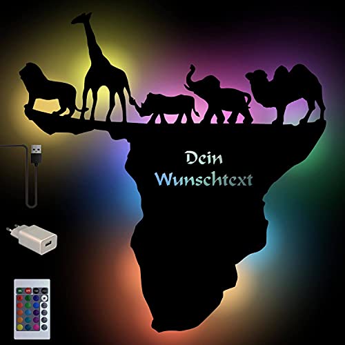 Namofactur USB Farbwechsel Wand-Lampe Afrikanische Landkarte Deko Afrika Tiere in der freien Natur Wand-Lampe Geschenke mit Wunschtext personalisiert von Namofactur