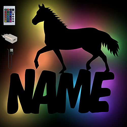 Namofactur Personalisierte Pferde Wand-Deko Farbwechsel Wand-Lampe Holz Licht Geschenkidee für Mädchen I USB + Fernbedienung von Namofactur