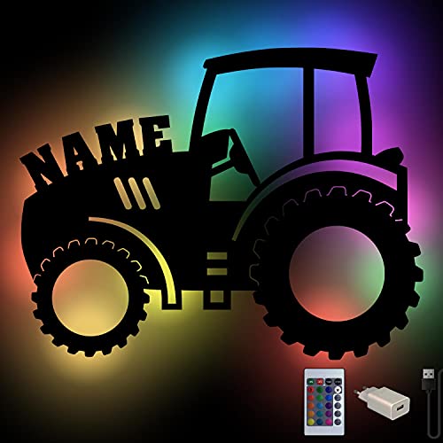 Namofactur Personalisierte Traktor Wand-Deko Farbwechsel Wand-Lampe Holz Licht Geschenkidee für Männer Junge Landwirt I USB + Fernbedienung von Namofactur