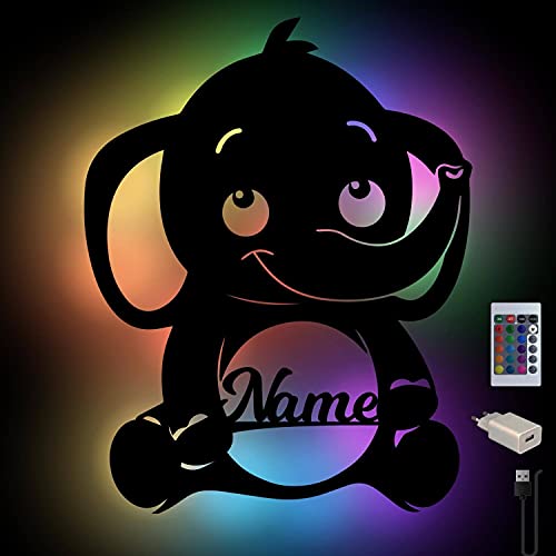 Personalisiertes Baby Elefanten Farbwechsel Wand-Licht Nachtlicht Geschenke mit Namen Schlummerlicht Holz Wand-Lampe I USB + Fernbedienung von Namofactur