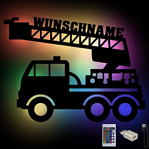 Personalisiertes Feuerwehr-Auto Farbwechsel Wand-Licht Nachtlicht Geschenke mit Namen Schlummerlicht Holz Wand-Lampe I USB + Fernbedienung von Namofactur