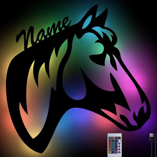 Personalisiertes Pferde Farbwechsel Wand-Licht Nachtlicht Geschenke mit Namen Schlummerlicht Holz Wand-Lampe I USB + Fernbedienung von Namofactur
