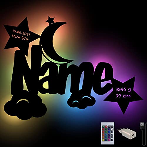 Personalisiertes Wolken Mond Sterne Farbwechsel Wand-Licht Nachtlicht Geschenke mit Namen Schlummerlicht Holz Wand-Lampe I USB + Fernbedienung Personalisiertes Wolken Mond Sterne Farbwechsel Wand-Licht Nachtlicht Geschenke mit Namen Schlummerlicht Holz Wand-Lampe I USB + Fernbedienung von Namofactur