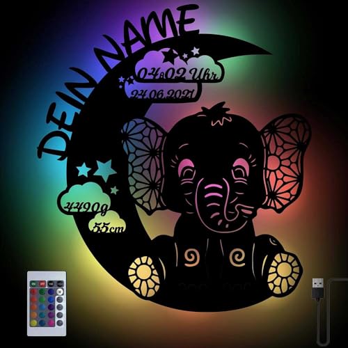 RGB Farbwechsel Elefant auf Mond Baby-Geschenke personalisiert mit Namen zur Geburt & Taufe für Mädchen & Junge I USB Holz Nachtlicht von Namofactur