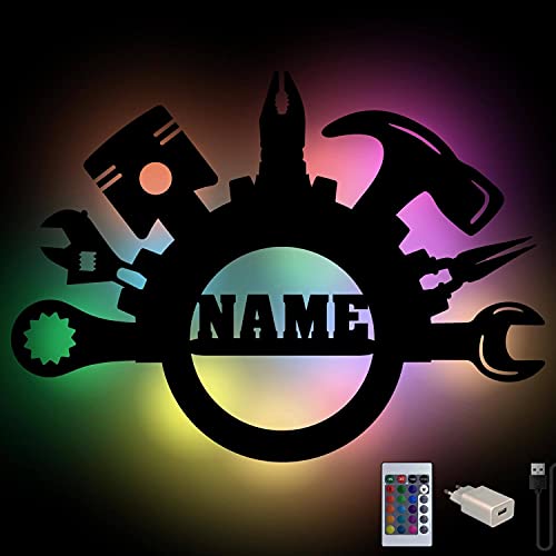 Namofactur RGB Farbwechsel Handwerker Geschenke Werkzeug Wand-Nachtlicht mit Namen personalisiert I USB Holz Wand-Lampe mit Fernbedienung von Namofactur