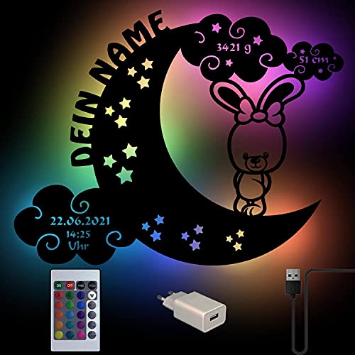 RGB Farbwechsel Hase auf Mond Baby-Geschenke personalisiert mit Namen zur Geburt & Taufe für Mädchen & Jungs I USB Holz Nachtlicht mit Fernbedienung von Namofactur