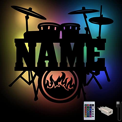 Namofactur RGB Farbwechsel Schlagzeug Drums Wand-Nachtlicht mit Namen personalisiert I Led Holz Wand-Lampe für Kinder & Erwachsene mit Fernbedienung von Namofactur