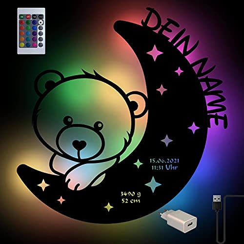 RGB Farbwechsel Teddy auf Mond Baby-Geschenke personalisiert mit Namen als Geburtsgeschenk oder Taufgeschenk für Mädchen & Jungs I USB Holz Nachtlicht mit Fernbedienung von Namofactur