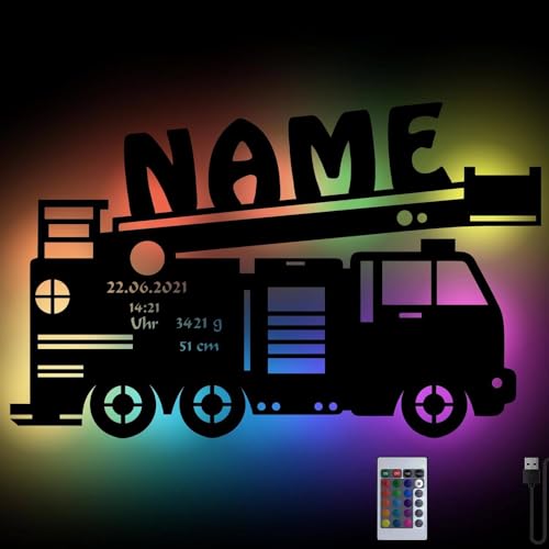 RGB USB personalisierte Feuerwehr-Auto Wand-Leuchte Nachtlicht Geschenke mit Namen Schlummerlicht Baby-Zimmer Kinder-Zimmer Holz Wand-Lampe Junge Mädchen von Namofactur