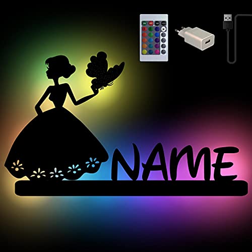 Schmetterling auf Prinzessin Farbwechsel Wand-Lampe Nachtlicht Geschenke mit Namen Schlummerlicht Holz Licht I USB + Fernbedienung von Namofactur