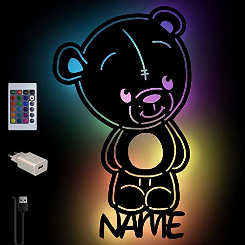 Teddy-Bär Farbwechsel Wand-Lampe Nachtlicht Baby-Geschenke mit Namen Schlummerlicht Holz Licht für Kinder I USB + Fernbedienung von Namofactur