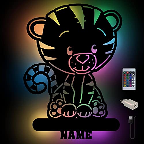 Tiger Farbwechsel Wand-Lampe Nachtlicht Baby-Geschenke mit Namen Schlummerlicht Holz Licht für Kinder I USB + Fernbedienung von Namofactur