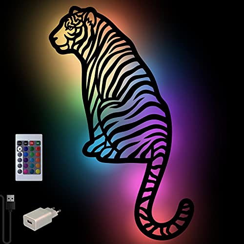 Tiger-Lampe Nachtlicht Farbwechsel Wand Schlummerlicht Holz Deko Figur für Wohnzimmer Kinder-Zimmer I USB + Fernbedienung von Namofactur