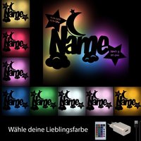 Usb Farbwechsel Mond Mit Wolken Holz Wand Lampe Nachtlicht Schlummerlicht Babygeschenke Personalisiert Namen & Geburtsdaten von Namofactur