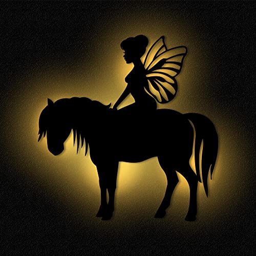 Wandlampe Fee auf Pferd I Nachtlicht Schlummerlicht Kinderzimmer Kinder Mädchen Junge I MDF Holz Batteriebetrieb von Namofactur