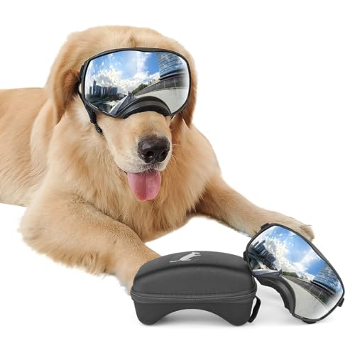 NAMSAN Hundebrille mit Weit Sichtfeld, UV-Schutz Sonnenbrille für Gross Hunde, Augen Schützen Hunde Schutzbrille mit Verstellbare Band und Schwammnasenpads-Silber von Namsan