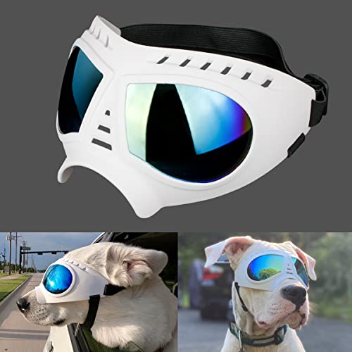 NAMSAN Hundebrille UV Wasserdicht Winddicht Einstellbar Hunde Sonnenbrille Mode Hunde Schutzbrille für Mittel Große Hunde-Weiß von Namsan