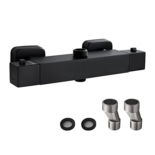 Namuoto Duschthermostat Schwarz, Thermostat Duscharmatur mit Temperatur und Durchflusseinstellun, Brausethermostat mit 38 °C Sicherheitstaste, Mischbatterie füR Dusche, Oben 3/4" + Unten 1/2" von Namuoto