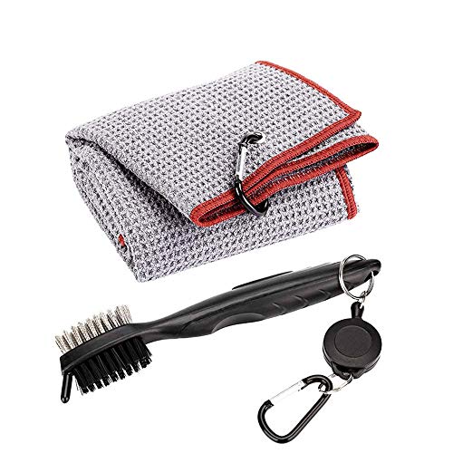 Namvo Golf Club Brush and Towel Cleaner Kit, Dual Sided Nylon & Steel Club Groove Ball Cleaning Tool Brush with Loop Clip for Hanging on Golf Bag Golf Gifts for Him von Namvo