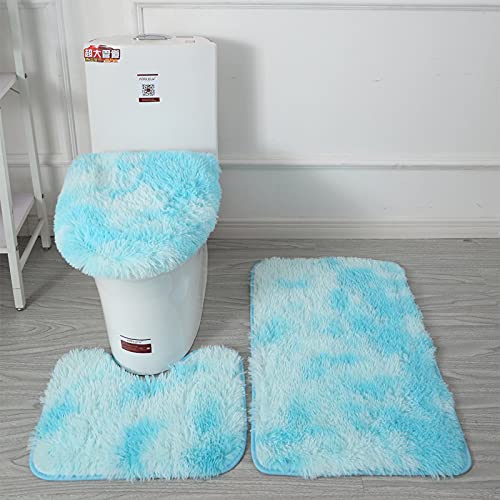 Namzi 2 Sets Batik-Teppich mit langem Haar, dreiteiliges Set, Toilettenpads, reinigen und wiederverwenden, wasserabsorbierende Badezimmermatte für Dusche (Babyblau) von Namzi