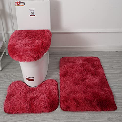 Namzi 2 Sets Batik-Teppich mit langem Haar, dreiteiliges Set, Toilettenpads, reinigen und wiederverwenden, wasserabsorbierende Badezimmermatte für Dusche (Weinrot) A von Namzi
