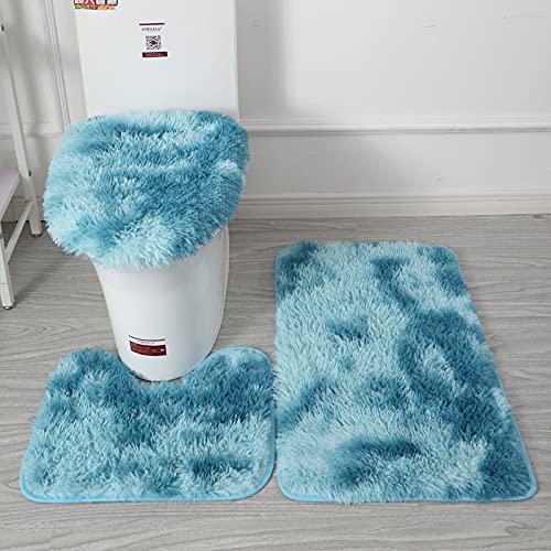 Namzi 2 Sets Batik-Teppich mit langem Haar, dreiteiliges Set, Toilettenpads, reinigen und wiederverwenden, wasserabsorbierende Badezimmermatte für Dusche (dunkelblau) von Namzi