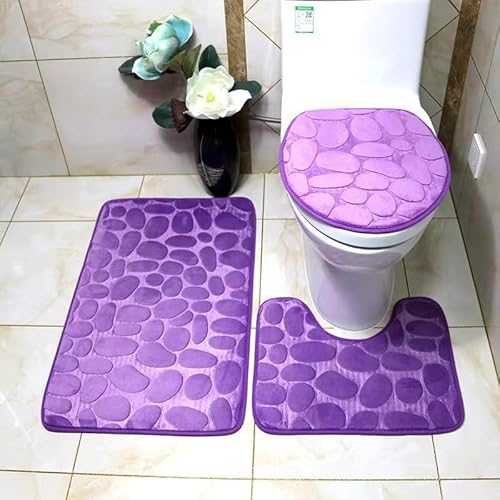 Namzi 2 Sets Dreiteilige U-förmige Toilette mit Korallensamt und Kopfsteinpflasterprägung, WC Dreiteiliges Set Toilettenpads reinigen und wiederverwenden, wasserabsorbierende Badezimmermatte für von Namzi
