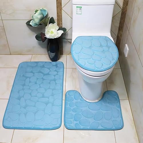 Namzi 2 Sets Dreiteilige U-förmige Toilette mit Korallensamt und Kopfsteinpflasterprägung Boden, WC Dreiteiliges Set Toilettenpads reinigen und wiederverwenden, wasserabsorbierende Badezimmermatte für von Namzi