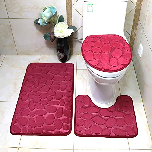 Namzi 2 Sets Goose Stone WC Dreiteiliges Set, WC Dreiteiliges Set WC Pads Reinigen und Wiederverwenden Wasserabsorbierende Badezimmermatte für Dusche (Weinrot) A von Namzi