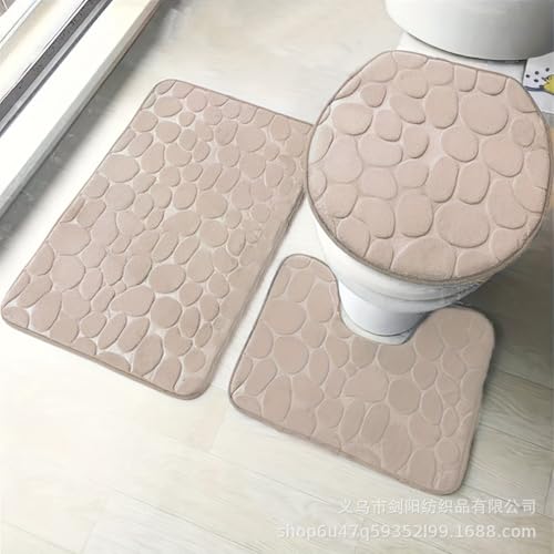 Namzi 2 Sets WC Dreiteiliges Korallensamt Kopfsteinpflaster-Set, WC Dreiteiliges Set Toilettenpads Reinigen und Wiederverwenden, wasserabsorbierende Badezimmermatte für Dusche (Khaki) A von Namzi