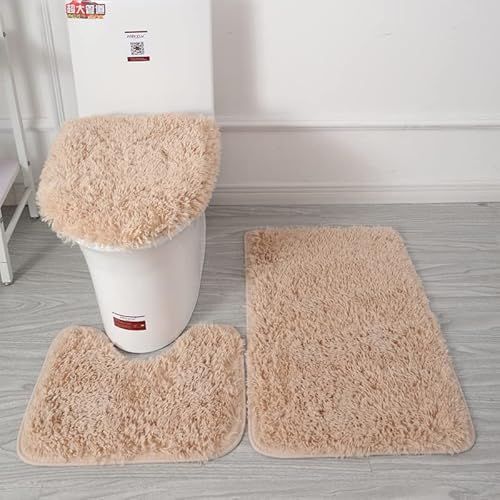 Namzi Dreiteiliges Toiletten-Set, schlichter Stil, einfarbig, für Badezimmer, Toilettenpads, reinigen und wiederverwenden, wasserabsorbierende Badezimmermatte für Dusche (helles Kamel) von Namzi