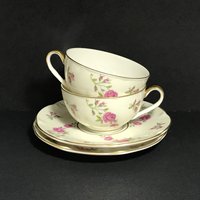 2 Tasse Und Untertassen Delaware | New York Von Haviland Theodore Made in America Delaware Rosa Grüne Rosen Mit Goldrand von NanAndPopsAttic