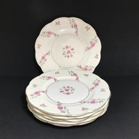 6 Speiseteller | 5 Delaware New York Made in America | 1 Frankreich Von Haviland Theodore Pink & Grüne Rosen Mit Goldrand 10 1/2 " von NanAndPopsAttic