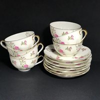 7 Tasse Und Untertassen Delaware | New York Von Haviland Theodore Made in America Delaware Rosa Grüne Rosen Mit Goldrand von NanAndPopsAttic