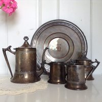 Antike Silberne Sheffield Platte 851 6-Teiliges Kaffee/Tee-Set Tablett Zuckerdose Milchkännchen Schokoladenset Silberplatte Mit Monogramm G von NanAndPopsAttic