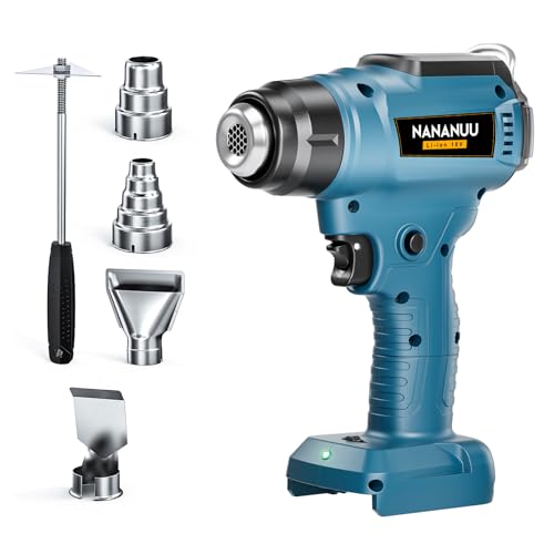 Kabellose Heißluftfön für Bosch 18V Akku (Ohne Akku), Akku Heißluftpistole Einstellbarer Temperatur Max 550 °C und Luftmenge, Heat Gun Inklusive 4 Edelstahldüsen, Geeignet für DIY und Zum Entlacken von Nananuu