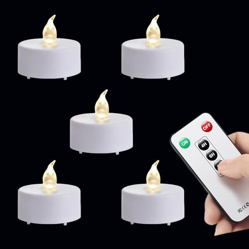 LED-Teelichter mit Fernbedienung, flackernde, flammenlose Kerze, langlebig über 400 Stunden, batteriebetrieben, mit Timer für Heimdekoration, saisonale und festliche Feiern, Warmweiß, 5 Stück LED-Teelichter mit Fernbedienung, flackernde, flammenlose Kerze, langlebig über 400 Stunden, batteriebetrieben, mit Timer für Heimdekoration, saisonale und festliche Feiern, Warmweiß, 5 Stück von Nancia
