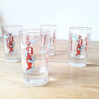 Vintage Französisch/Röhrengläser/Art-Deco-stil/Modedruck-Dekor/4Er-Set/Frankreich 1970Er Jahre von NaniFrenchboutique