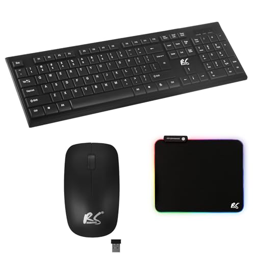NanoRS Kabellose QWERTY Tastatur + Maus + Mauspad Set | 2,4 GHz, Reichweite: bis zu 10m | Mausauflösung: 1200 DPI | Nano USB-Empfänger | Flaches Design, Batteriebetrieben, Schwarz von NanoRS